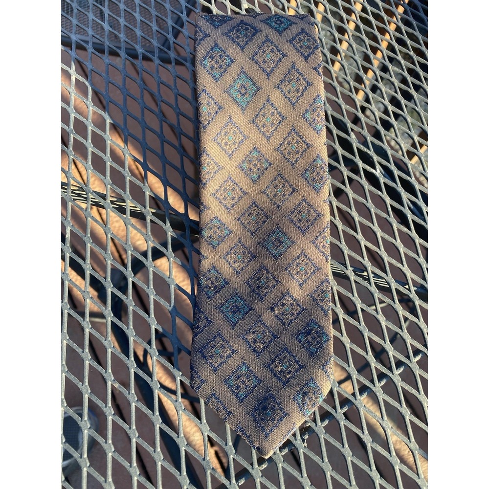 Lilly Daché Geometric Tie USA Made Brown Blue 80s 2 7/8"‎ Wide Polyester Silk
